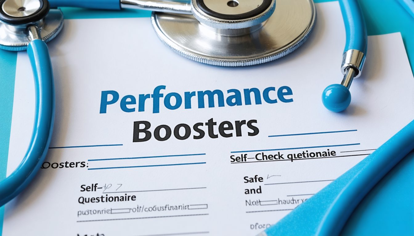 Man sitting on the edge of a bed reviewing a health questionnaire about sexual performance boosters on a tablet