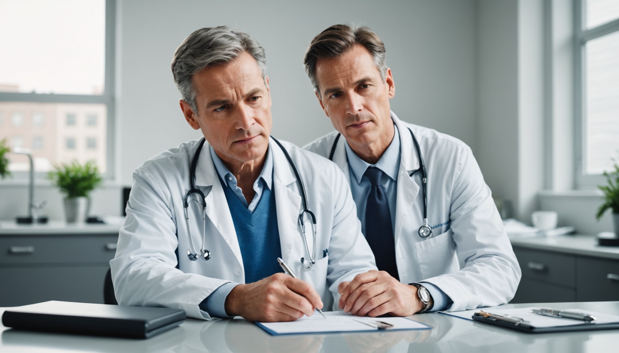 Illustration showing a doctor discussing erectile dysfunction treatment options with an adult patient in a calm medical setting