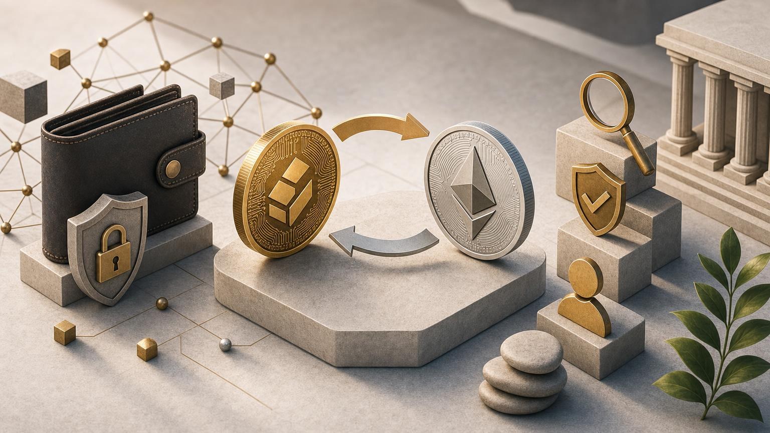 A user verifies the cryptocurrency, blockchain network, wallet address, and transaction details before making a crypto-to-crypto exchange